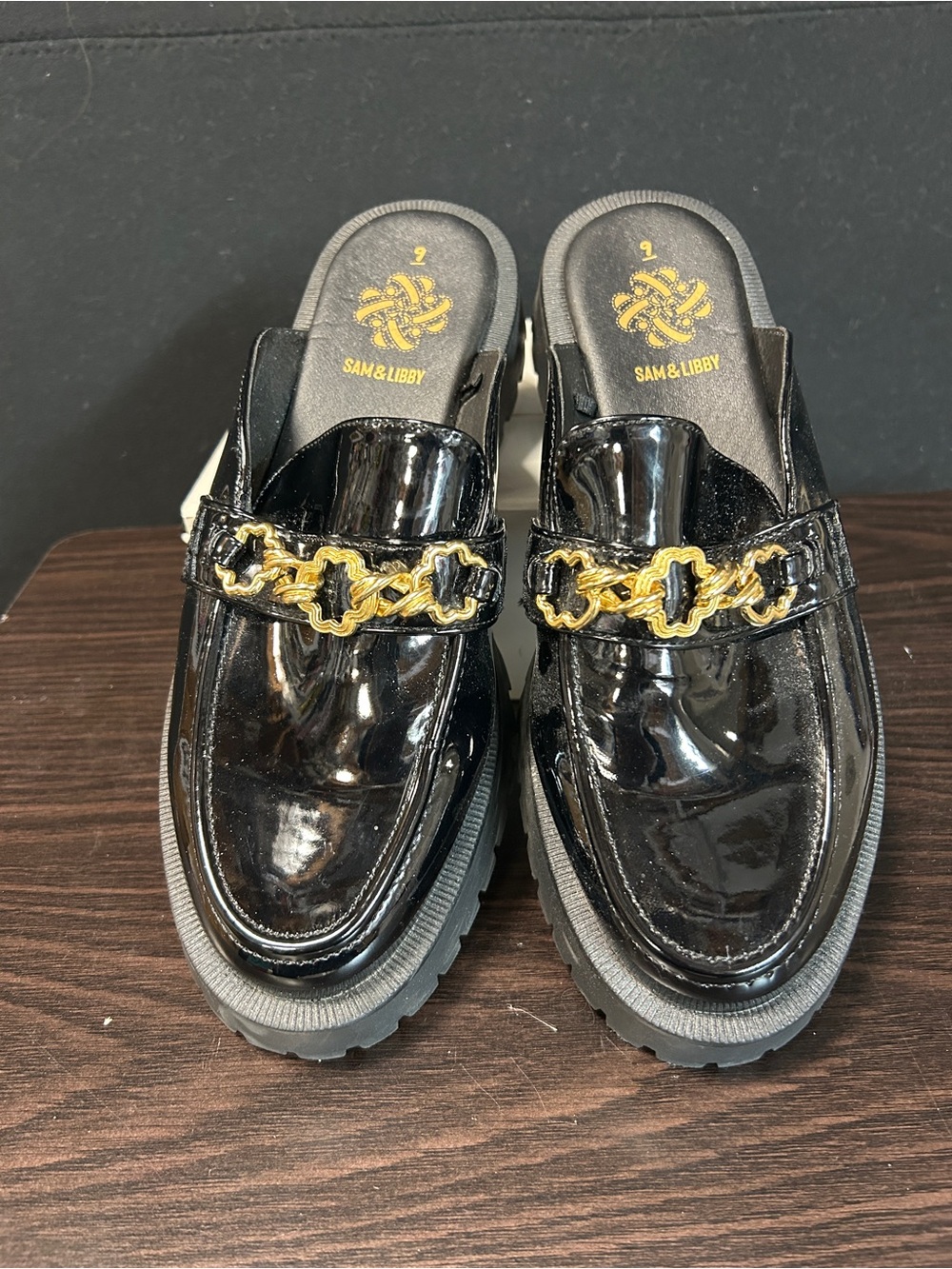 Sam & Libby Black Patent Mules with Gold Chain Accent